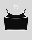 Back view of TrackLine Lounge Halter Tank in black with contrast white trim