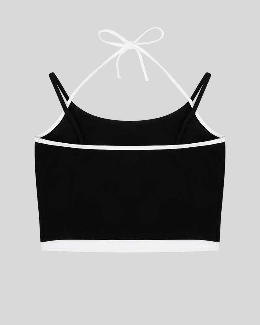 Back view of TrackLine Lounge Halter Tank in black with contrast white trim