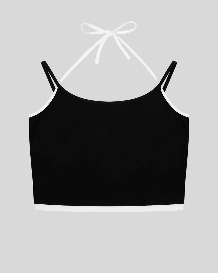 TrackLine Lounge Halter Tank in black and white front view with dual-strap halter design
