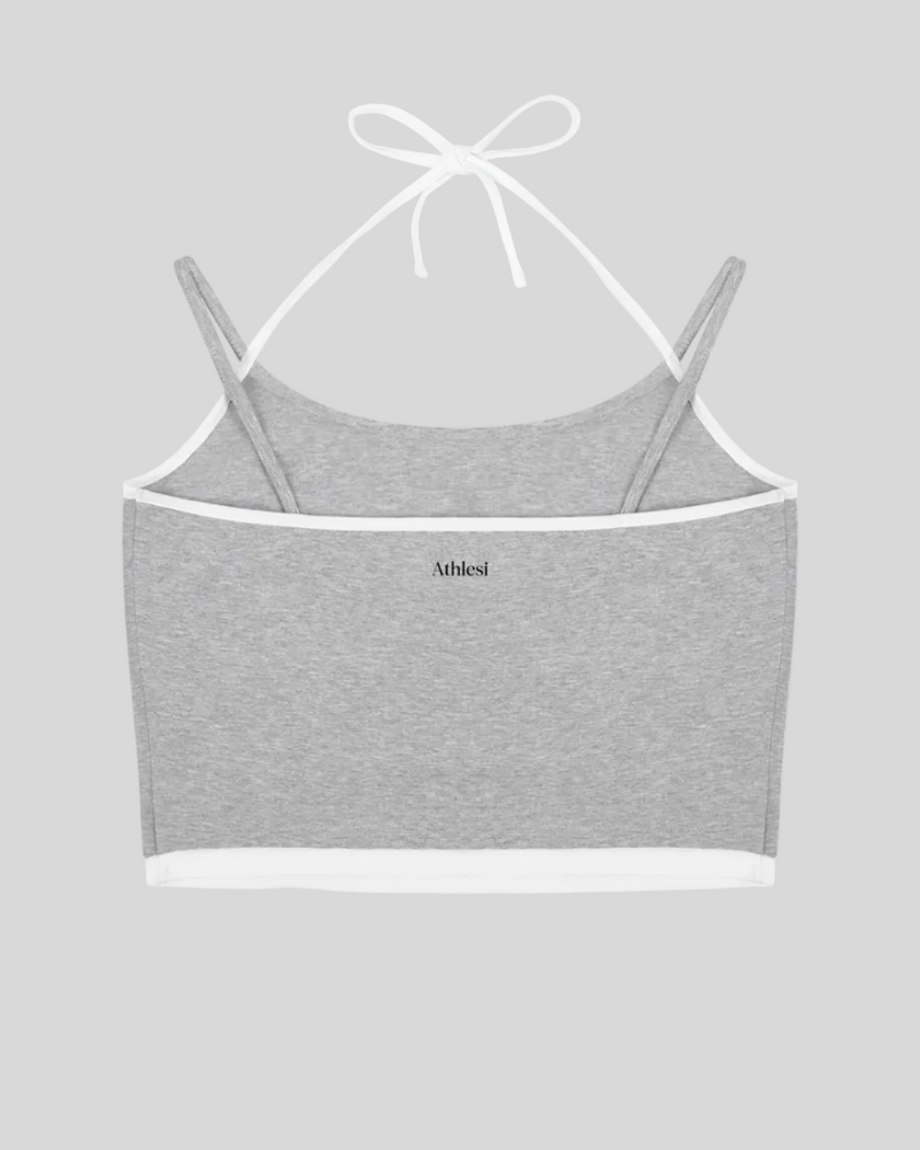 Back view of TrackLine Lounge Halter Tank in flower gray with contrast white trim