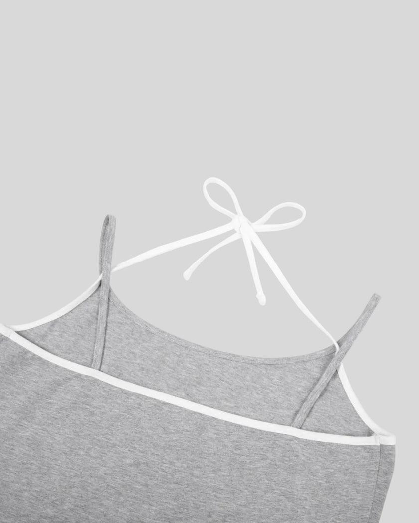 Back halter strap closeup of TrackLine Lounge Halter Tank in flower gray