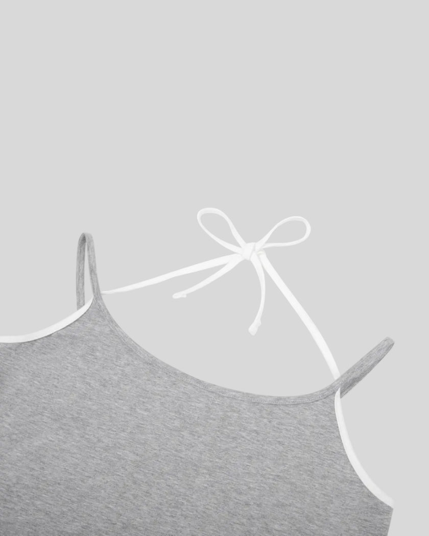 Front neckline closeup of TrackLine Lounge Halter Tank featuring contrast binding detail
