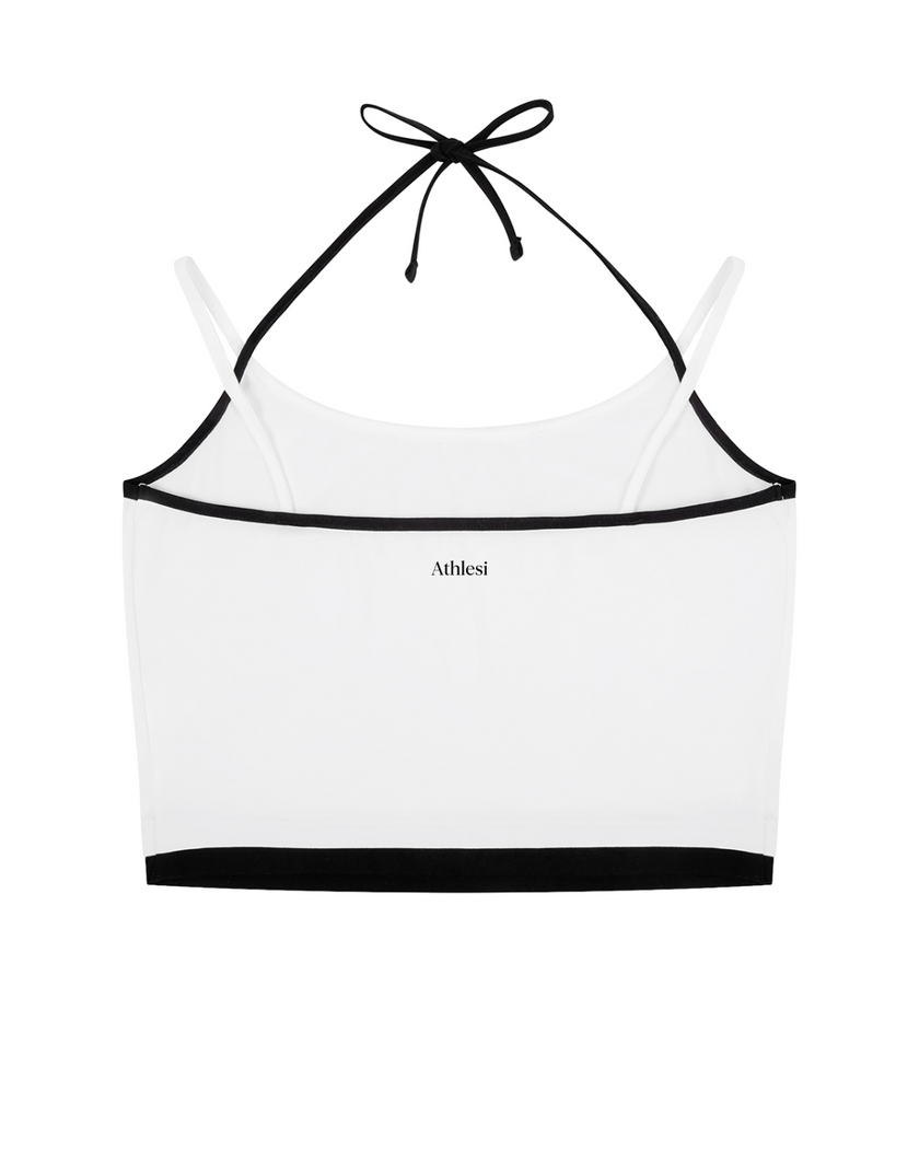 Back view of TrackLine Lounge Halter Tank in white with contrast black trim