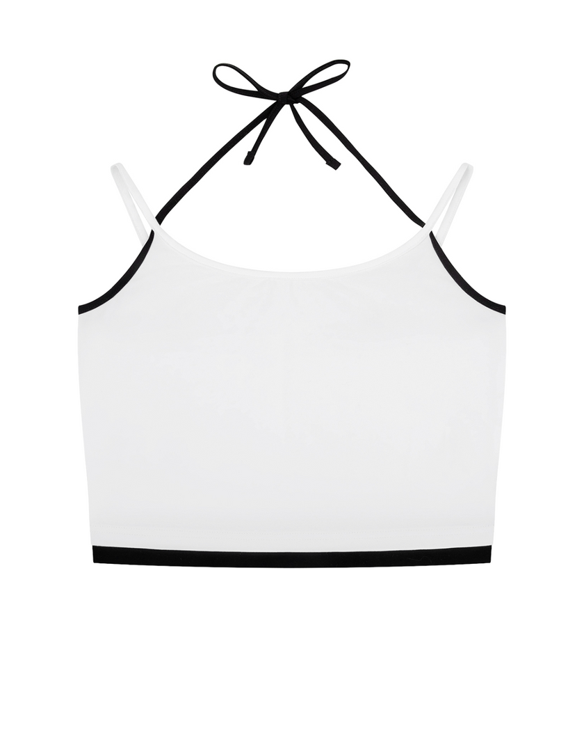 TrackLine Lounge Halter Tank in white and black front view with dual-strap halter design