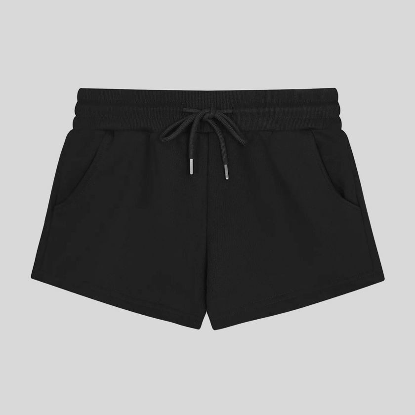 Front flatlay view of TrackLine Lounge Shorts in black with drawstring waistband