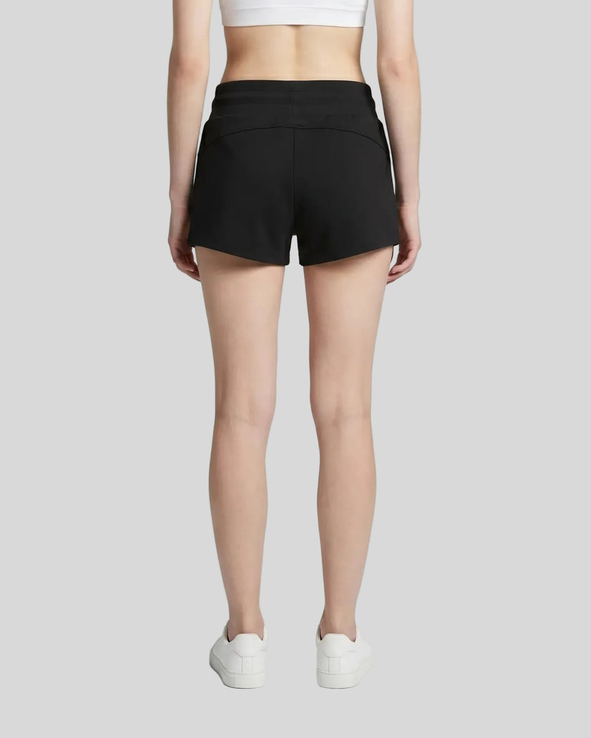 Back view of model wearing TrackLine Lounge Shorts in black