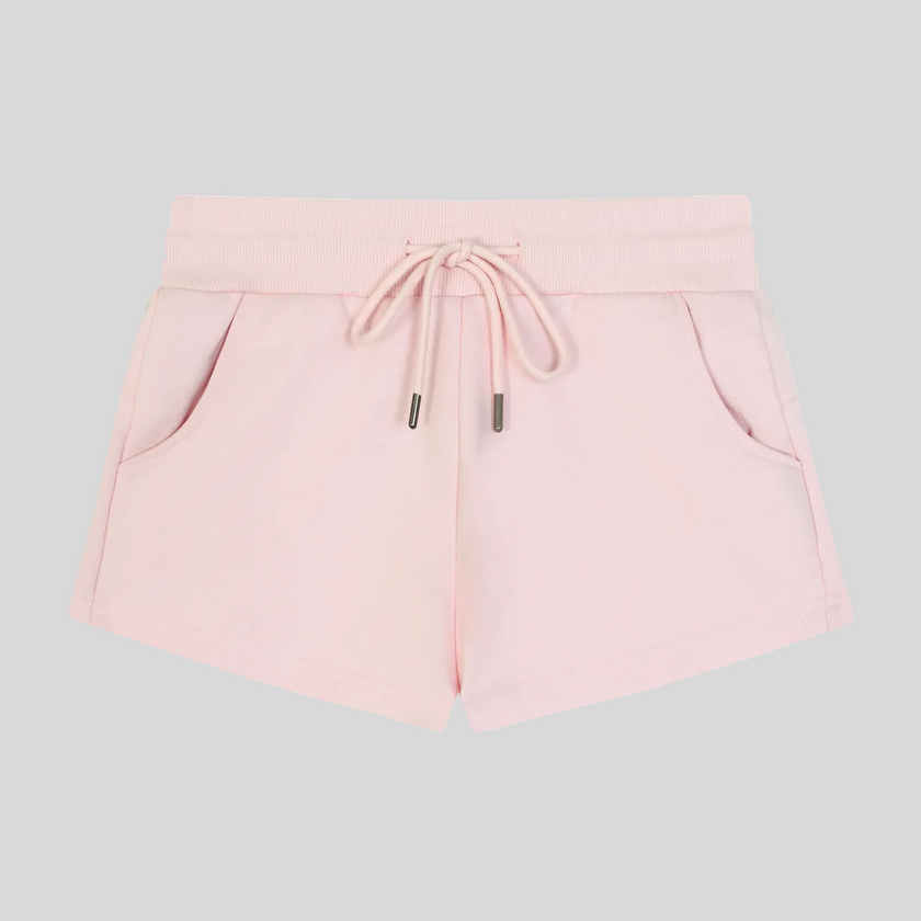 Front flatlay view of TrackLine Lounge Shorts in pink with drawstring waistband