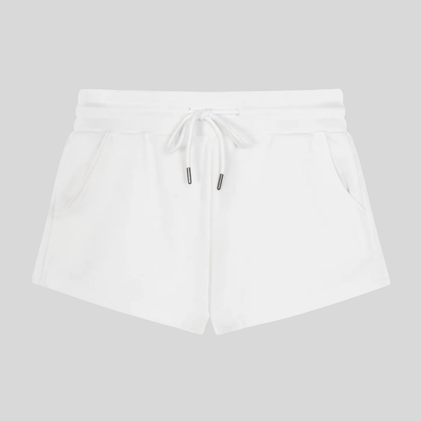 Front flatlay view of TrackLine Lounge Shorts in white with drawstring waistband