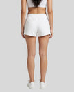 Back view of model wearing TrackLine Lounge Shorts in white