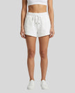 Model wearing TrackLine Lounge Shorts in white front view