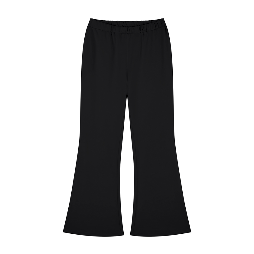 Front flatlay of TrackLine Lounge Sweatpants in black with retro flared silhouette
