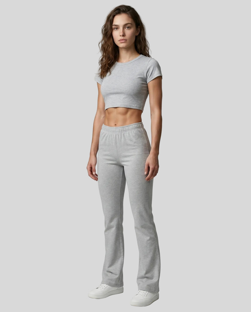 Full body front view of TrackLine Lounge Sweatpants and Trackline Lounge Tee in flower gray