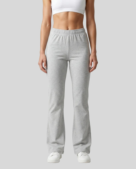 Woman wearing TrackLine Lounge Sweatpants in flower gray front view with relaxed flared silhouette