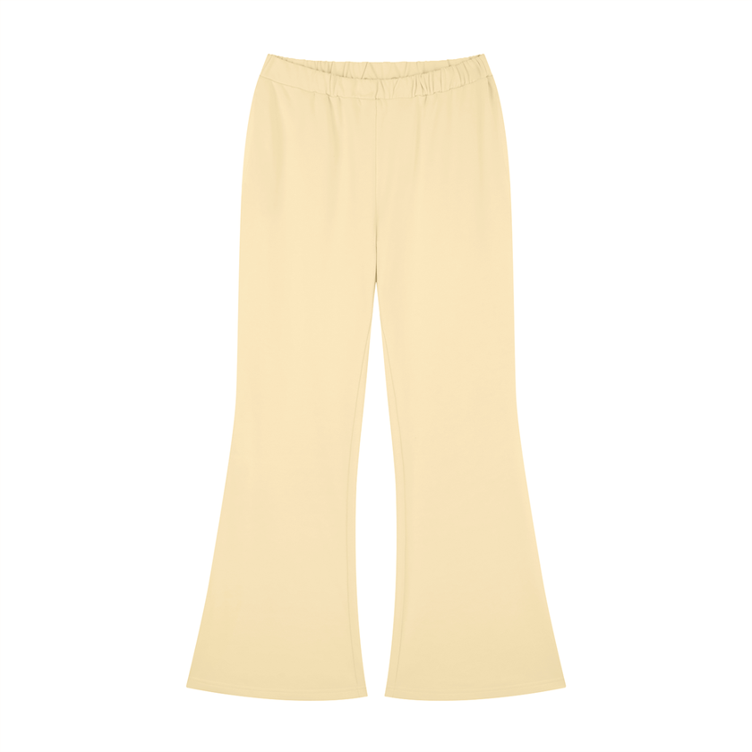 Front flatlay of TrackLine Lounge Sweatpants in light apricot with retro flared silhouette