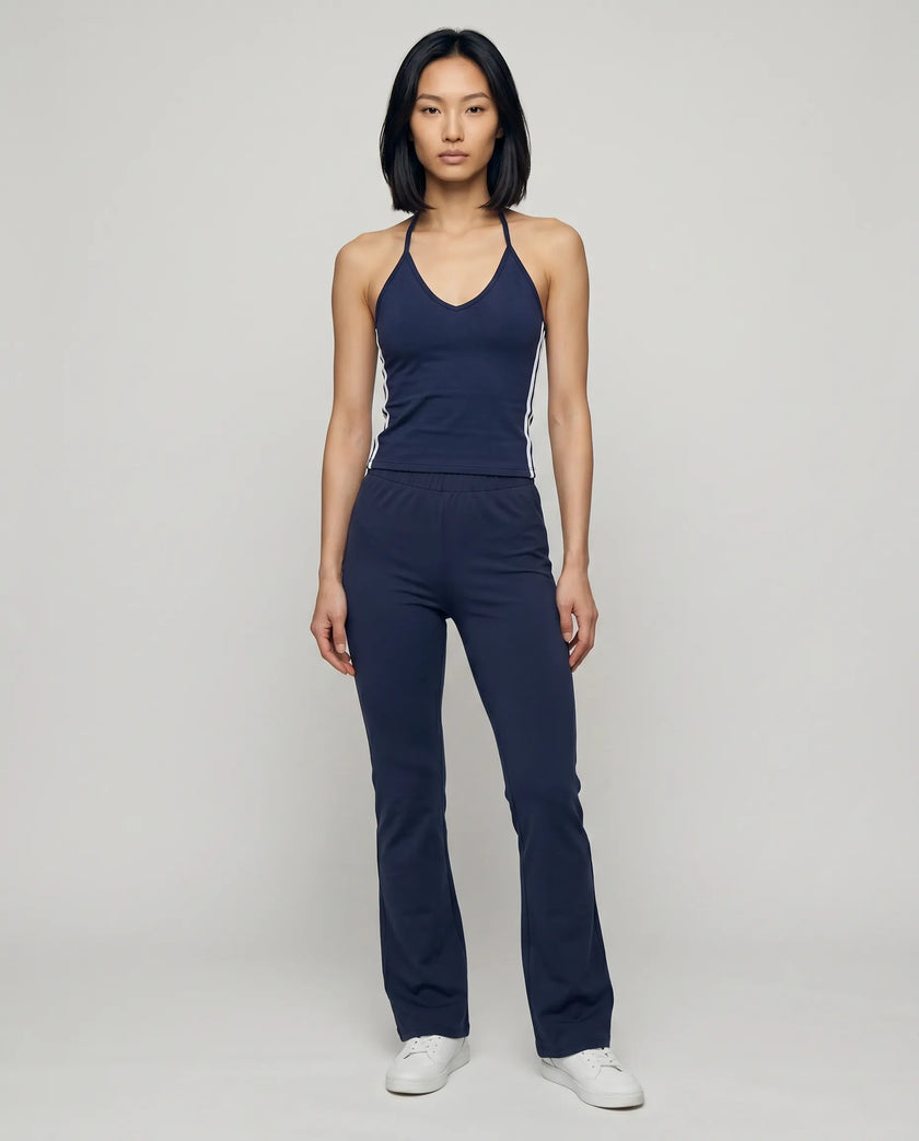 Full body front view of TrackLine Lounge Sweatpants and Trackline Halter Tank in royal blue