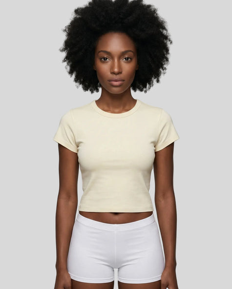 Model wearing TrackLine Lounge Tee in apricot front view
