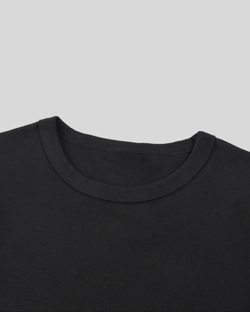 Front collar detail of TrackLine Lounge Tee with ribbed crew neckline