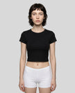 Model wearing TrackLine Lounge Tee in black front view