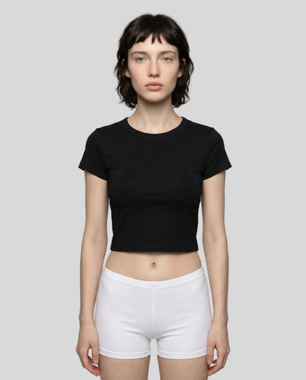 Model wearing TrackLine Lounge Tee in black front view