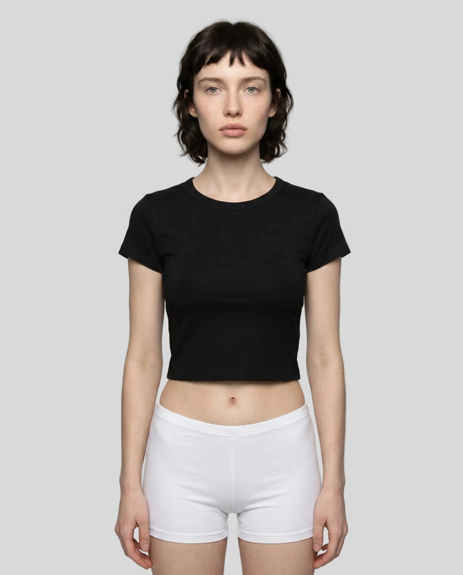 Model wearing TrackLine Lounge Tee in black front view