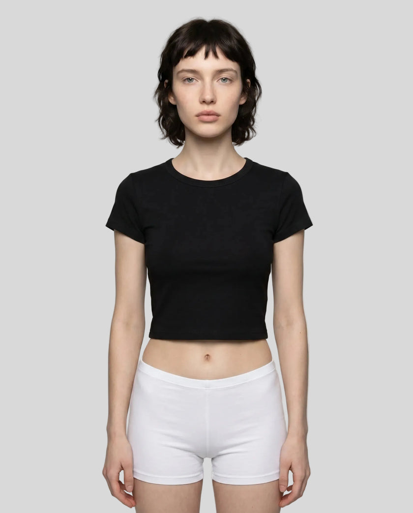 Model wearing TrackLine Lounge Tee in black front view