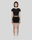 Front view of model wearing TrackLine Lounge Tee in black with matching Trackline Lounge Shorts