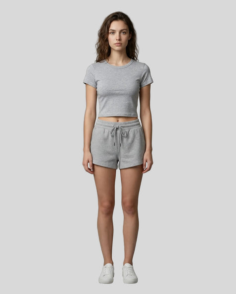Front view of model wearing TrackLine Lounge Tee in flower gray with matching Trackline Lounge Shorts