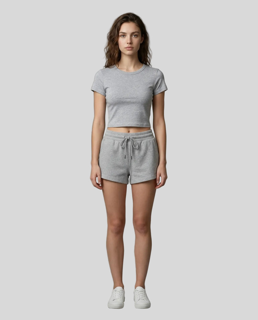 Front view of model wearing TrackLine Lounge Tee in flower gray with matching Trackline Lounge Shorts