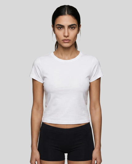 Model wearing TrackLine Lounge Tee in white front view