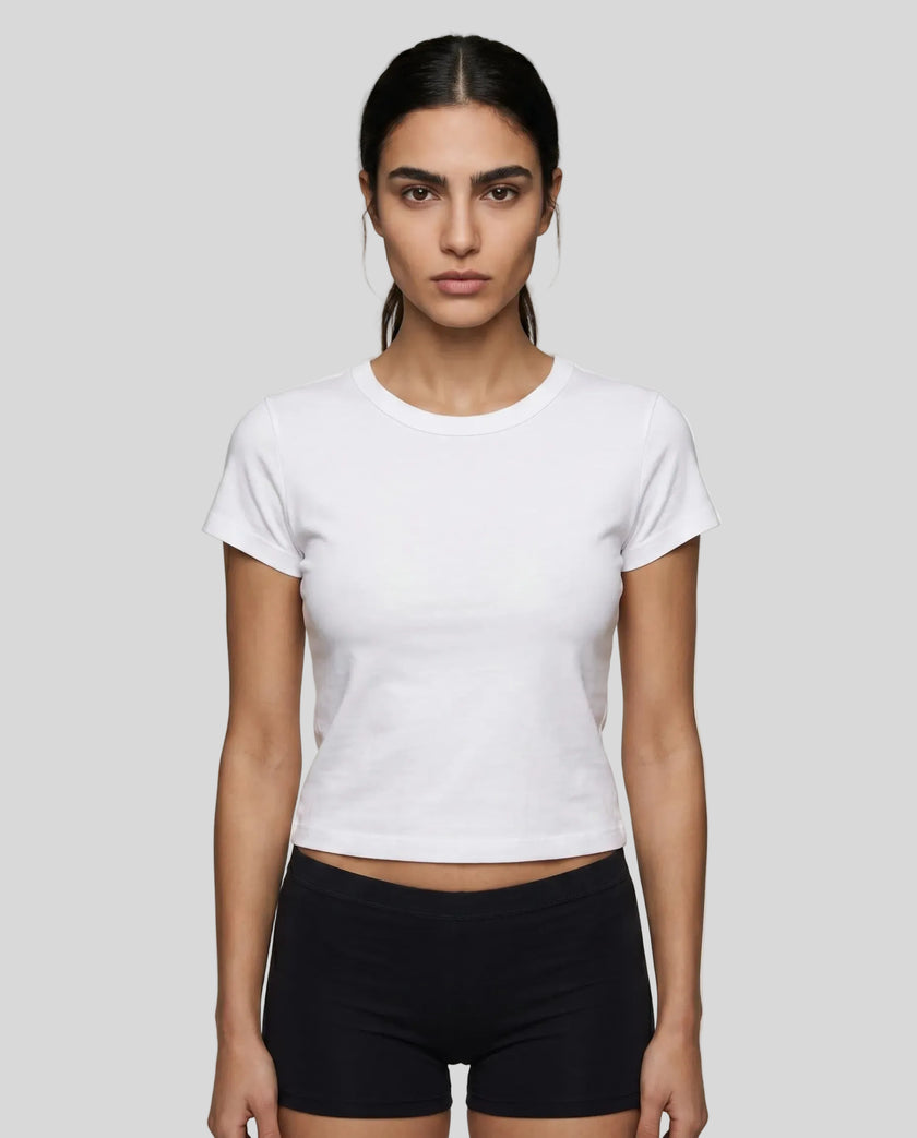 Model wearing TrackLine Lounge Tee in white front view