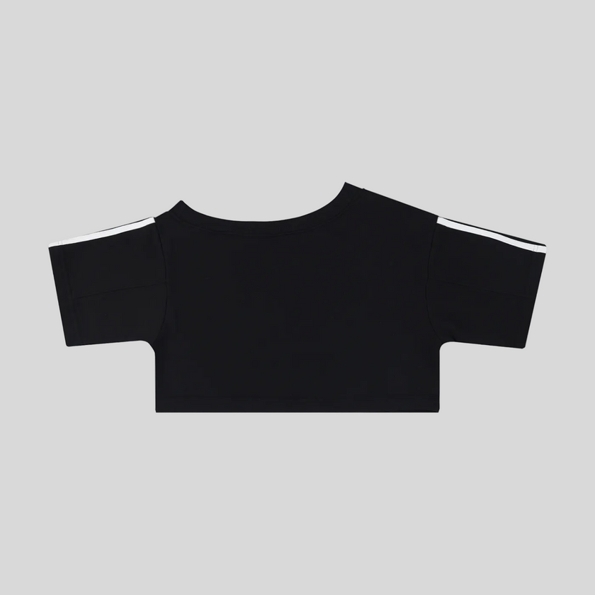 Back view flatlay of the Athlesi TrackLine Off-Shoulder Tee in black