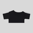 Athlesi TrackLine Off-Shoulder Tee in black with sporty stripe sleeve detailing shown in flatlay front view