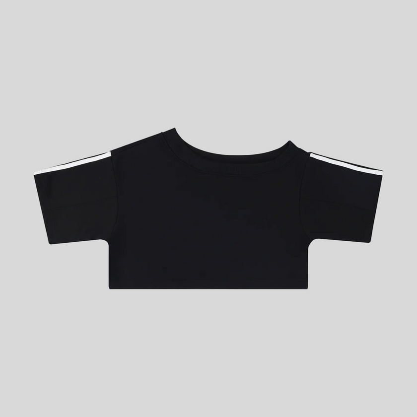 Athlesi TrackLine Off-Shoulder Tee in black with sporty stripe sleeve detailing shown in flatlay front view