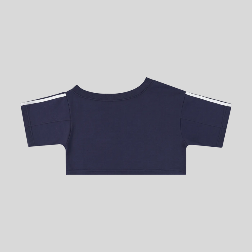 Back view flatlay of the Athlesi TrackLine Off-Shoulder Tee in blue