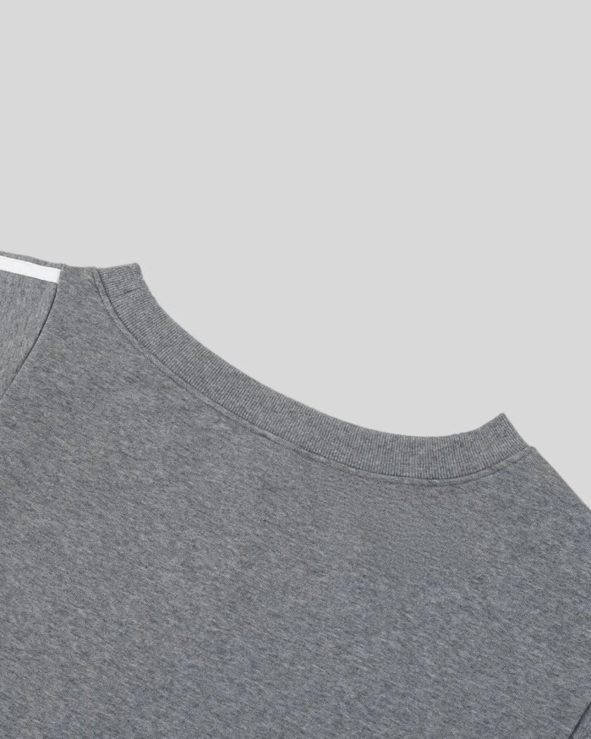 Back neckline closeup of the Athlesi TrackLine Off-Shoulder Tee in gray