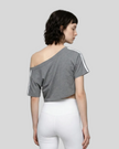 Upper body back view of the Athlesi TrackLine Off-Shoulder Tee in gray