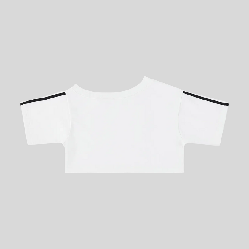 Back view flatlay of the Athlesi TrackLine Off-Shoulder Tee in white