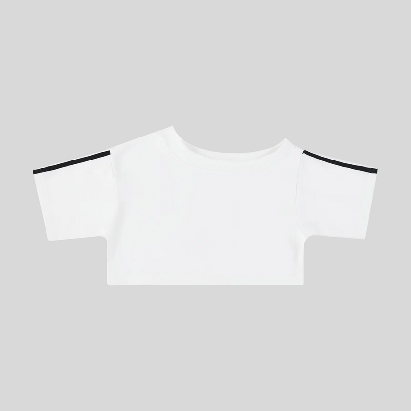 Athlesi TrackLine Off-Shoulder Tee in white with sporty stripe sleeve detailing shown in flatlay front view