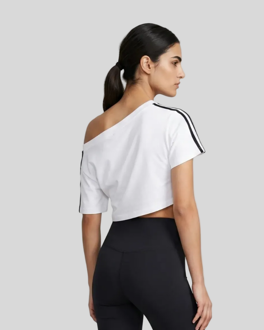 Upper body back view of the Athlesi TrackLine Off-Shoulder Tee in white