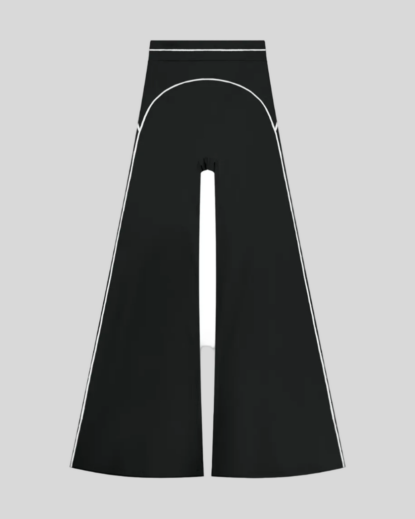 TrackLine Outline Flared Pants in Black front view featuring a high-rise waistband, contrast piping, and flared leg