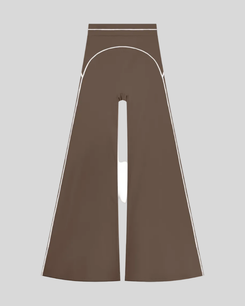 TrackLine Outline Flared Pants in Coffee front view featuring a high-rise waistband, contrast piping, and flared leg