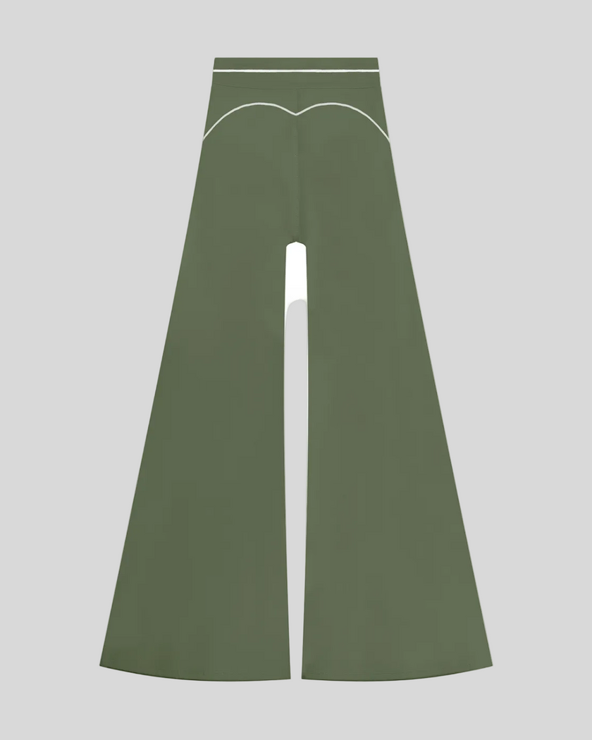 TrackLine Outline Flared Pants in Gray Green back view showcasing the sculpting back seam and flared silhouette