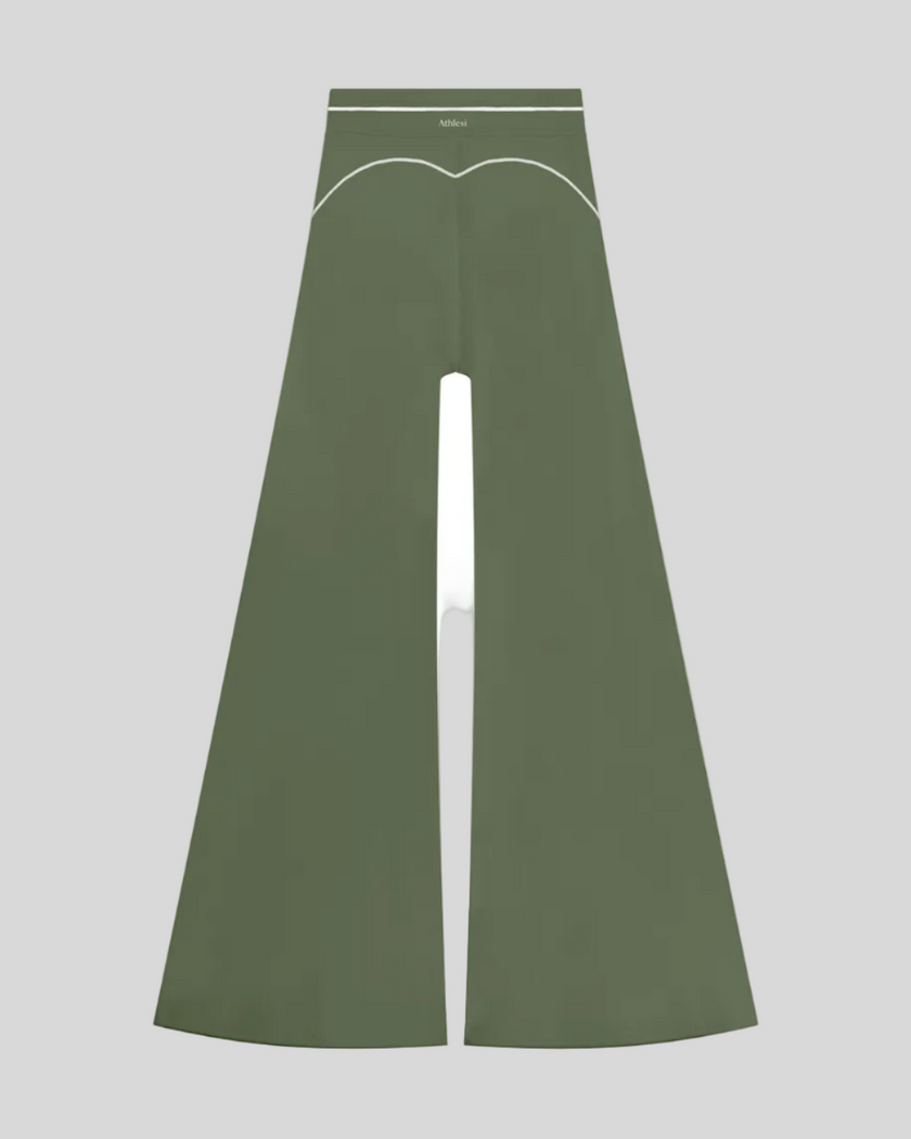 TrackLine Outline Flared Pants in Gray Green back view showcasing the sculpting back seam and flared silhouette