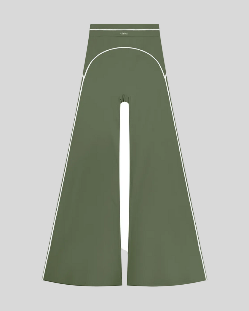 TrackLine Outline Flared Pants in Gray Green front view featuring a high-rise waistband, contrast piping, and flared leg