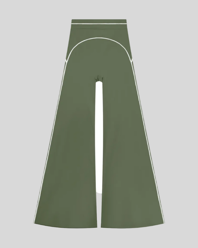 TrackLine Outline Flared Pants in Gray Green front view featuring a high-rise waistband, contrast piping, and flared leg