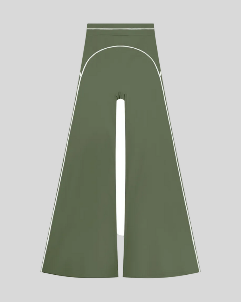 TrackLine Outline Flared Pants in Gray Green front view featuring a high-rise waistband, contrast piping, and flared leg