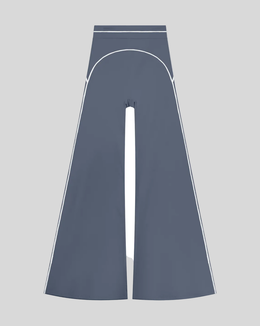 TrackLine Outline Flared Pants in Haze Blue front view featuring a high-rise waistband, contrast piping, and flared leg
