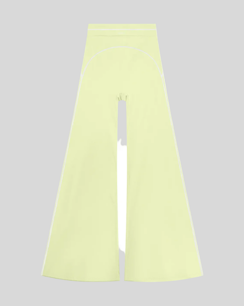 TrackLine Outline Flared Pants in Light Green front view featuring a high-rise waistband, contrast piping, and flared leg