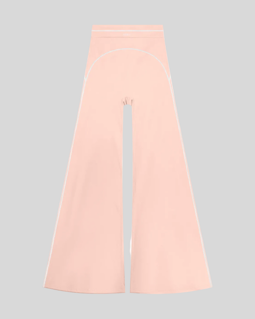 TrackLine Outline Flared Pants in Light Pink front view featuring a high-rise waistband, contrast piping, and flared leg