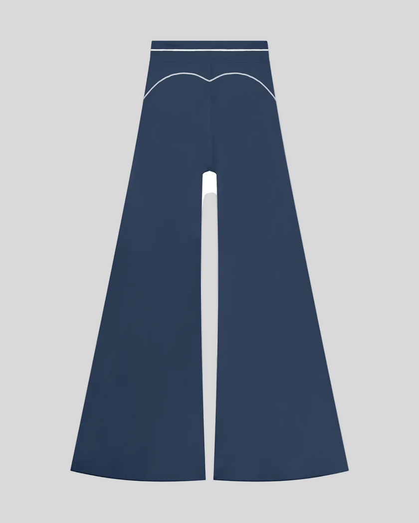 TrackLine Outline Flared Pants in Navy Blue back view showcasing the sculpting back seam and flared silhouette